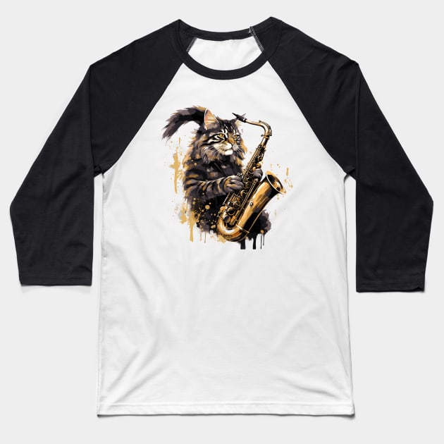 Maine Coon Cat Playing Saxophone Baseball T-Shirt by Graceful Designs